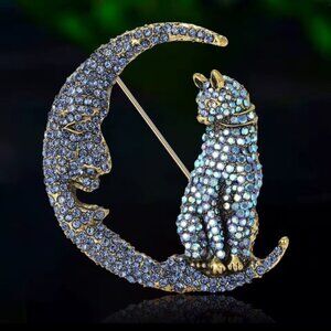 Betsey Johnson Crystal Cat Moon Brooch
